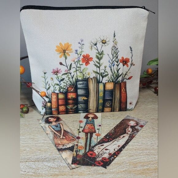 None Handbags - Colorful Book And Flower Print Pouch Cosmetic Bag with Bookmarks NWT